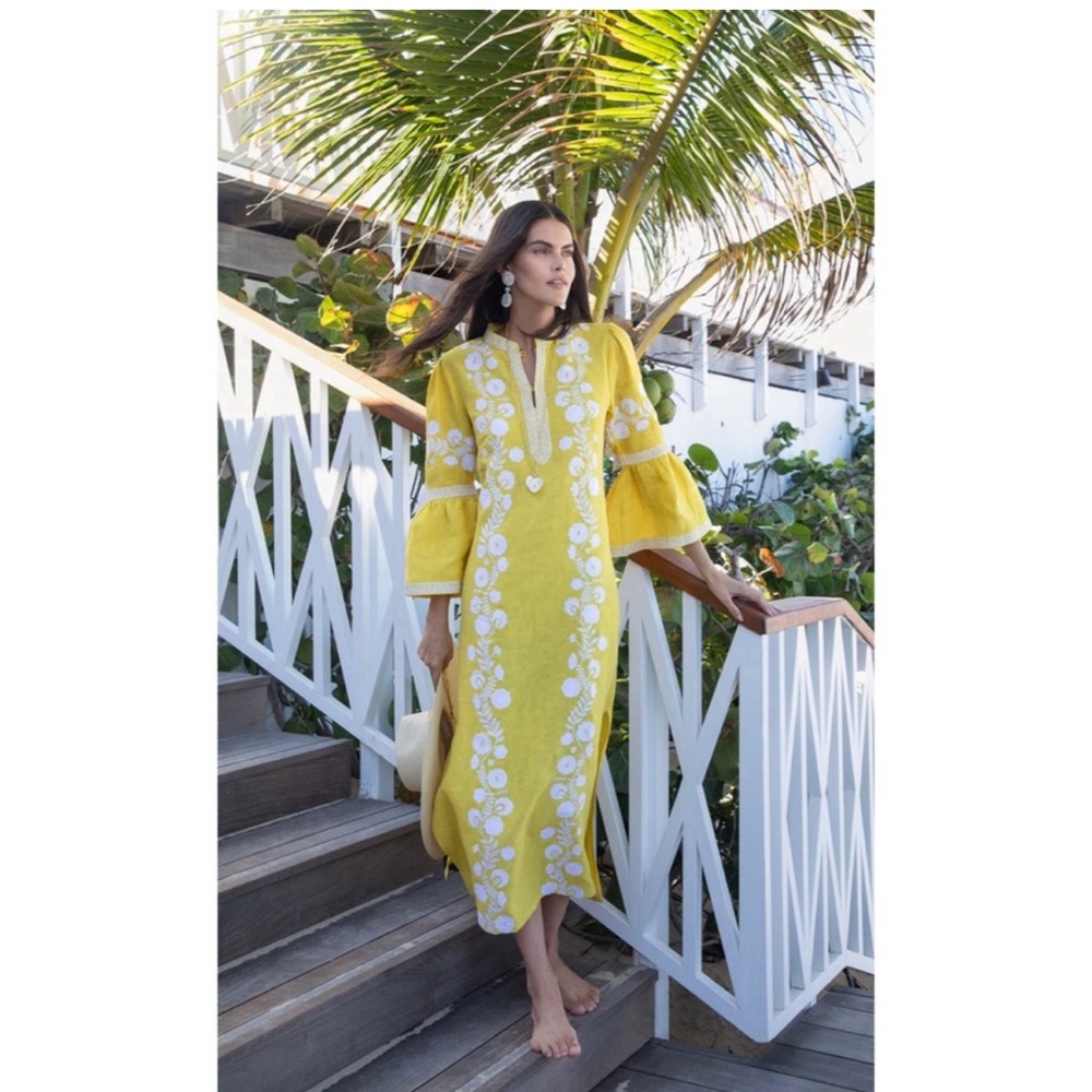 Asha Soleil Margaux Yellow Linen Midi Kaftan